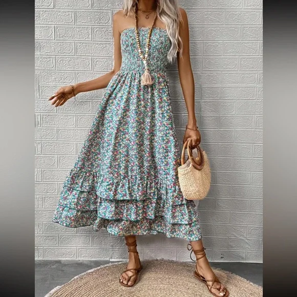 Dresses | Boho Floral Print Ruffle Hem Strapless Maxi Dress | Poshmark
